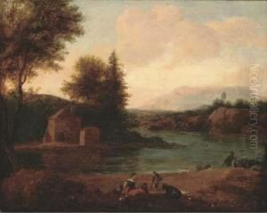 A River Landscape With Figures Resting On The Bank