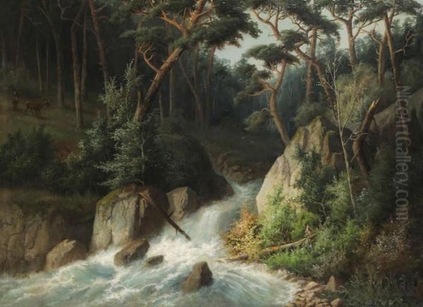 Boslandschap Met Waterval En Hertenaan De Oever - view 1