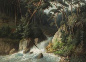 Boslandschap Met Waterval En Hertenaan De Oever by Gerard Jozef Adrian Van Luppen