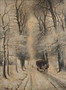 Winterlandschap Met Boer Met Paard En Kar Oplandweg. by Gerard Jozef Adrian Van Luppen