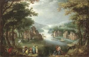 An Extensive Wooded River Landscape With The Finding Of Moses by Karel Van Mander
