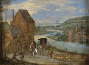 Moutons Et Caleche Sur Le Pas D'une Maison Pres D'un Fleuve by Arnoud Van Mans