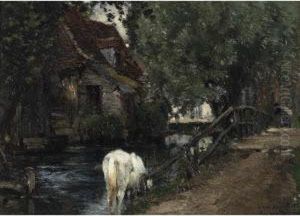 White Horse Drinking At A Mill Pond by Emile Van Marcke De Lumman