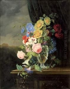 Un Bouquet De Fleurs Devant Un Paysage by Julie Palmyre Van Marcke-Robert