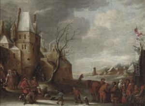 A Winter Landscape With Figures On The Ice Near A City Gate