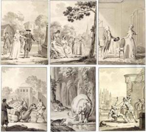 Six Designs For Book Illustrations: A) A Burial; B) Six Ladies In A Landscape; C) A Lady And Gentleman In An Interior; D) Traders Loading A Camel; E) Encounter Between An Elephant And A Beaver; F) A Duel by Jacobus Van Meurs