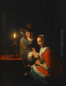 A Candlelit Interior With A Couple And Their Dogs