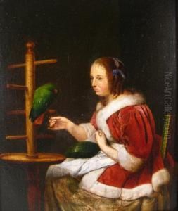 Woman In A Red Jacket With A Parrot by Frans Ii Van Mieris