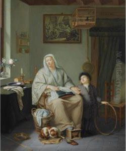 An Interior With A Woman Doing Needlework And A Young Boy With A Hoop by Frans Ii Van Mieris