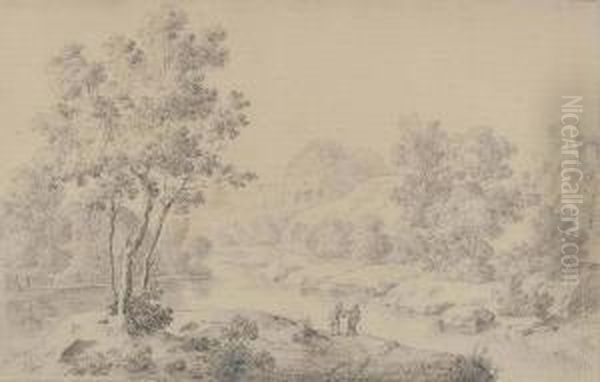 A Wooded Landscape With Two Travellers On A River Bank - view 1