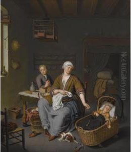 A Young Mother Tending To Her Two Children In A Domestic Interior