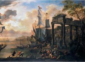 A Capriccio Of A Mediterranean Harbour With A Man-of-war At Anchor And Figures Seated Beside Architectural Ruins by Antoon Van Minderhout