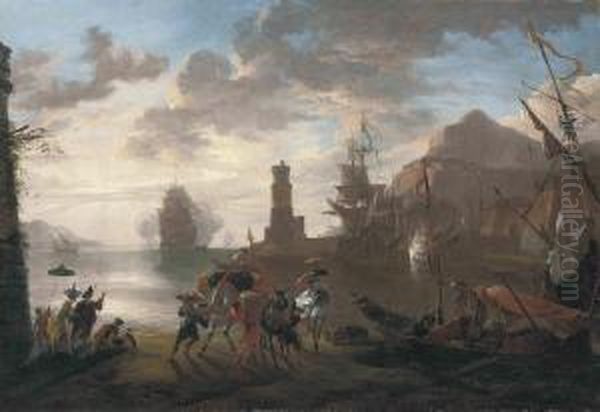 A Coastal Landscape With Sailors Disembarking From An Anchored Boatand Elegant Figures Conversing - view 1