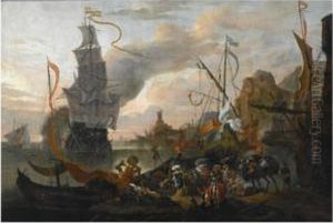 A Levantine Harbour With A Galley And A Man-of-war Coming In To Anchor, Together With Many Figures On Shore