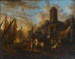 A Mediterranean Harbour With Elegant Figureson The Quay And Stevedores Loading Boats, Shipping At Anchorbeyond by Hendrik van Minderhout