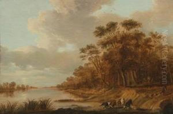Cows And Goat Herder And Goats By The Riverside - view 1