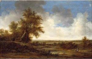 An Extensive Dune Landscape With A Mother, Her Child And Their Dog On A Country Road by Jacob van Mosscher