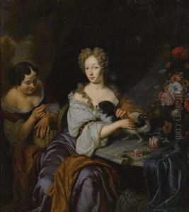 Portrait Of A Lady With Her Dog And A Maid