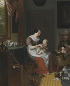 An Interior Scene With Eva Visscher, The Artist'swife, With A Child In Her Lap And Another Child In Acot, Beside Them A Dog An Interior Scene With Eva Visscher, The Artist'swife, With A Child In Her Lap And Another Child In Acot, Beside Them A Dog