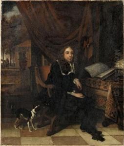 Portrait Of A Gentleman, Full-length, Seatedin His Study With His Dog, A View To A Garden Beyond