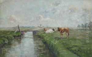 Meadow With Cows With Windmill In The Background by Henri Van Muyden