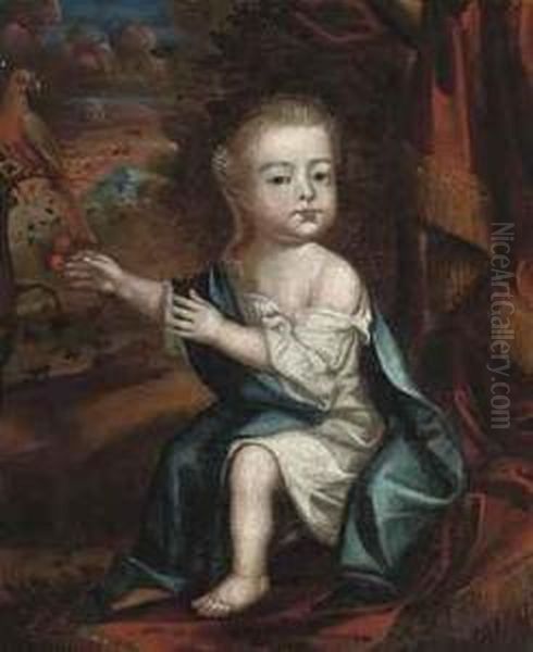 Portrait Of A Young Boy, Full-length, In A White Shirt With A Bluesash, Cherries In His Right Hand, In A Landscape With Aparrot - view 1