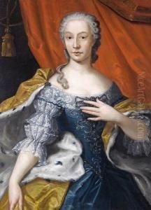 Portrait Of A Lady, Three-quarter-length, Inan Embroidered Blue Silk Dress And An Ermine Mantel, Standingbefore A Red Curtain by Martin II Mytens or Meytens
