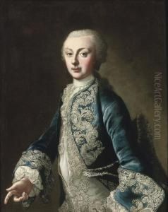 Portrait Of A Gentleman, Said To Be Gotthelf Adolph Count Von Hoijm, Standing Three-quarter-length, Wearing A Blue Coat With White Embroidery And Lace, Holding A Feather Trimmed Hat