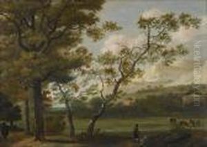 A Mountainous Landscape With A Traveller And His Dog In The Foreground And Cattle With Drovers Beyond