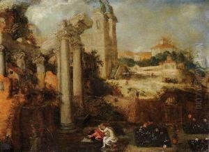Suzanne Se Coiffant Dans Un Jardin Au Premier Plan by Adriaen van Nieulandt