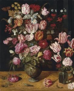 Tulips, Roses, Turk's Cap Lilies, Columbines, Carnations And Other Flowers In A Ceramic Vase by Adriaen van Nieulandt
