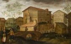 Vue D'un Village Anime Avec Un Pont by Adriaen van Nieulandt