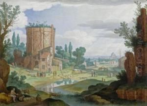 Ruins In A Mediterranean Landscape With Herdsmen And Sheep With A View Of Rome In The Background