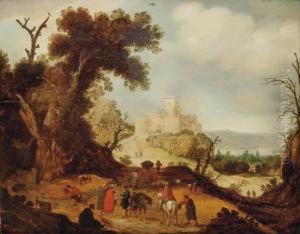 Attributed To Willem Van Nieulandt Ii An Italianate Landscape With Travellers And A Fortune Teller On Apath, A Fortification Beyond