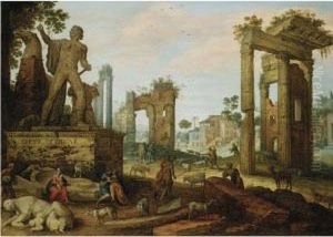 The Forum Romanum: Shepherds With Their Flock Amidst The Remains Ofroman Antiquities, An Amorous Peasant Couple In Theforeground by Willem van, the Younger Nieulandt