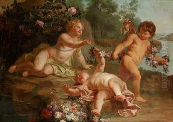 Putti Desporting With Garlands Of Flowers In A River Landscape - view 1