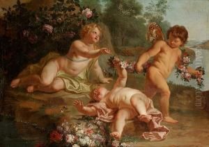 Putti Desporting With Garlands Of Flowers In A River Landscape by Dionys Van Nijmegen