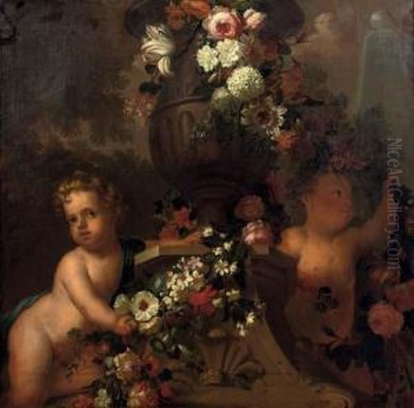 Putti Playing With Garlands Of Flowers By A Classical Urn In A Park Landscape - view 1
