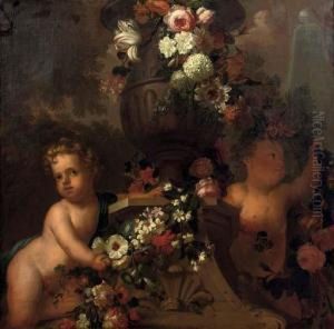 Putti Playing With Garlands Of Flowers By A Classical Urn In A Park Landscape