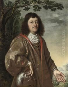 Portrait Of A Gentleman, Three-quarter-length, In A Goldembroidered Mantle, A Plumed Cap In His Right Hand, In Alandscape by Jan Rutgers Van Niwael