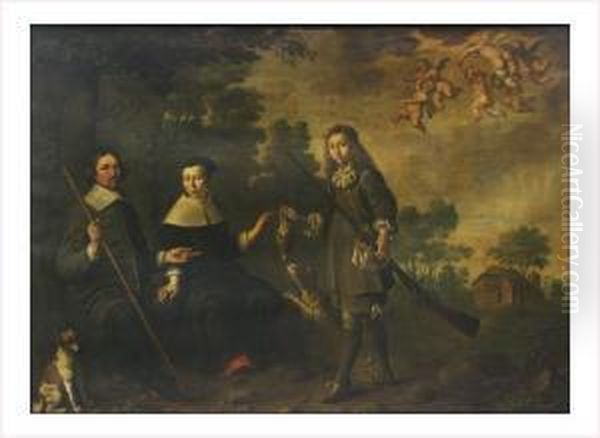 Portrait D'une Famille De Chasseur Sur Fond De Paysage - view 1