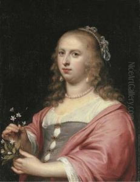 Portrait Of A Lady, Half-length, In A White Bodice And Crimson Shawl Holding A Bouquet Of Narcissi - view 1