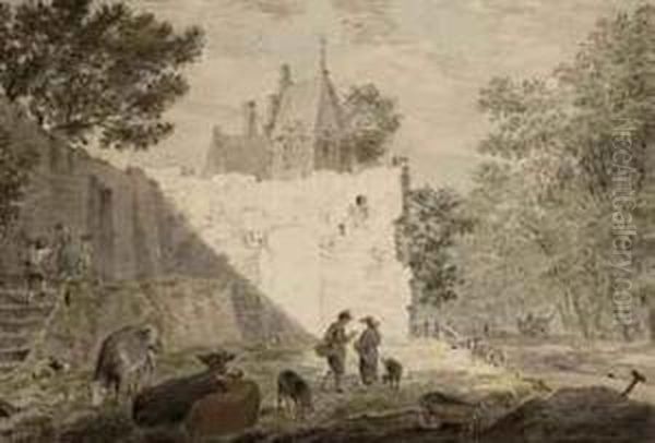 Townspeople And Cattle Near A Ruine - view 1