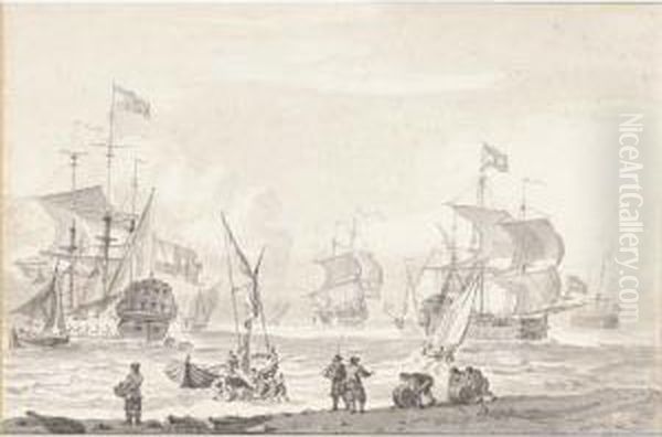 Coastal Landscape With Shipping And Men Loading Barrels - view 1