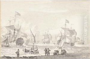 Coastal Landscape With Shipping And Men Loading Barrels by Cornelius van Noorde