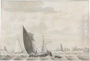 Boats On A Choppy River Estuary by Cornelius van Noorde