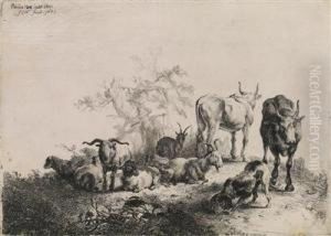 Die Landschaft Mitder Herde Und Dem Milchmadchen by Johannes Van Noordt
