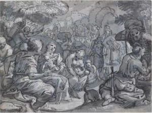 A Scene Of Exodus With Women And Children Resting In Theforeground, Others Walking In Procession In The Distance by Adam van Noort