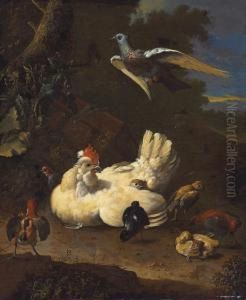 A Hen And Chicks, With A Pigeon, In A Landscape