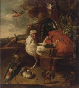 A Cockerel, A Hen, Chicks, A Peacock And Other Birds In A Landscape
